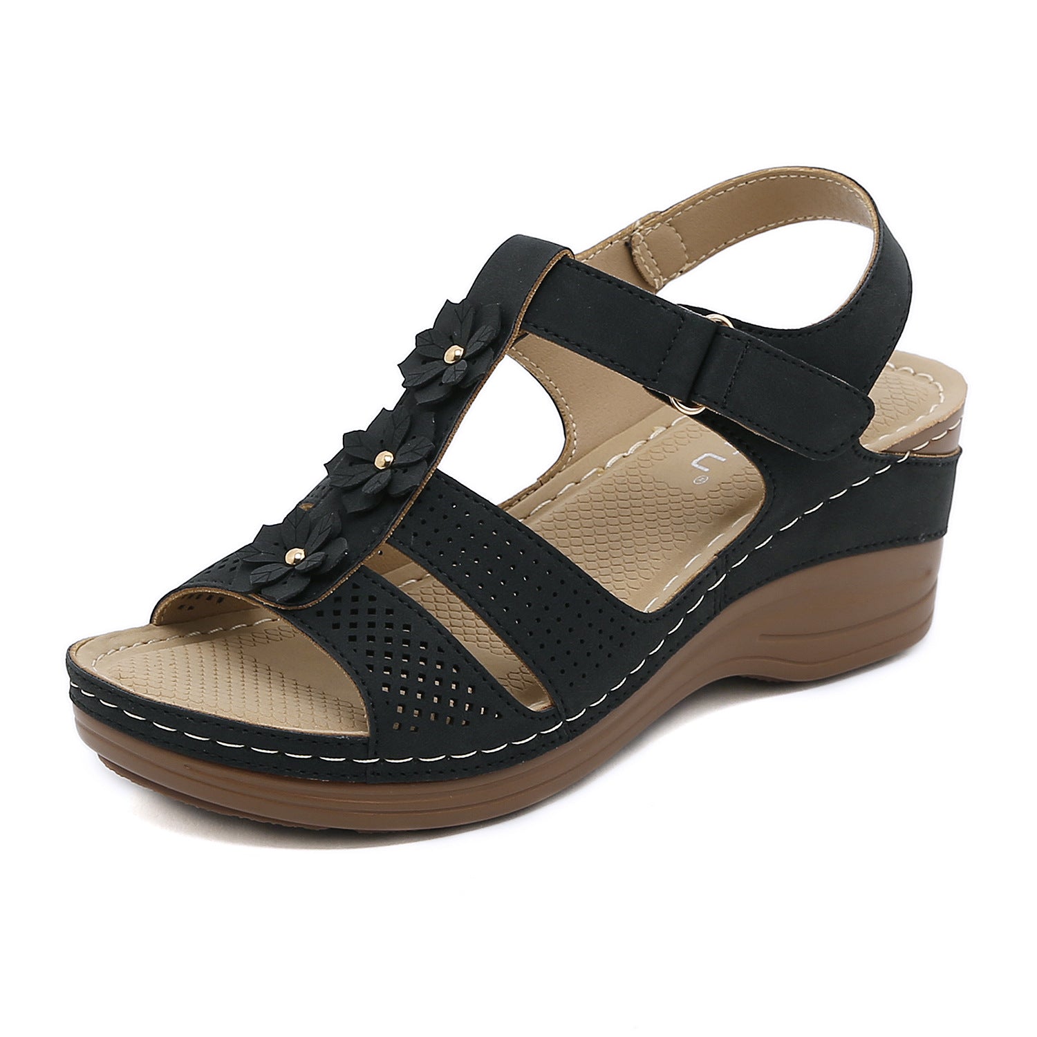 Retro Non-Slip Sole Sandals Women's Stitching Adhesive Wedge Flower Sandals
