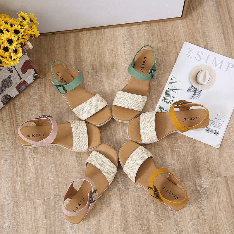 ALM695-3 Woven Wedge Sandals Women's Buckle Solid Color Casual Large Size Shoes