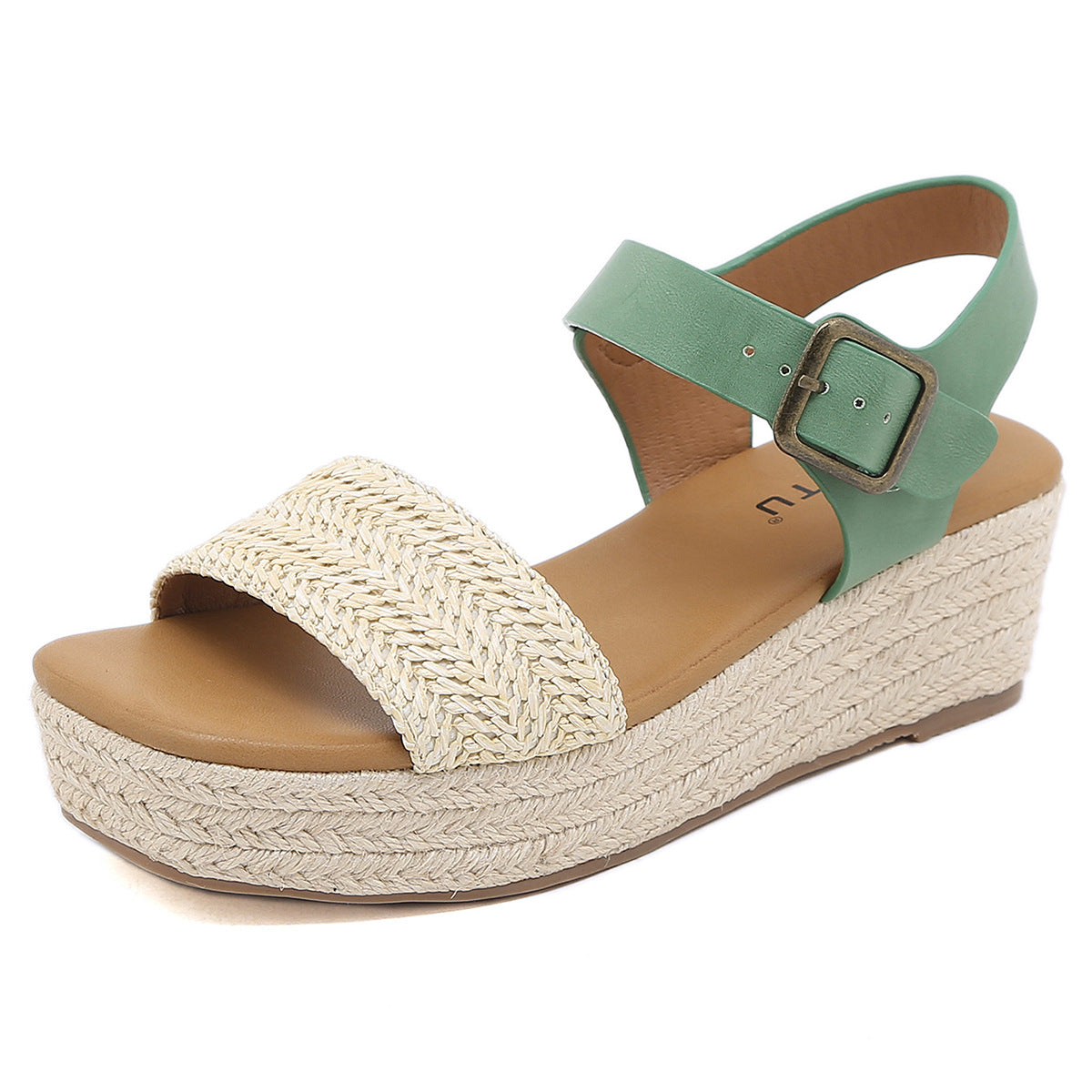 ALM695-3 Woven Wedge Sandals Women's Buckle Solid Color Casual Large Size Shoes