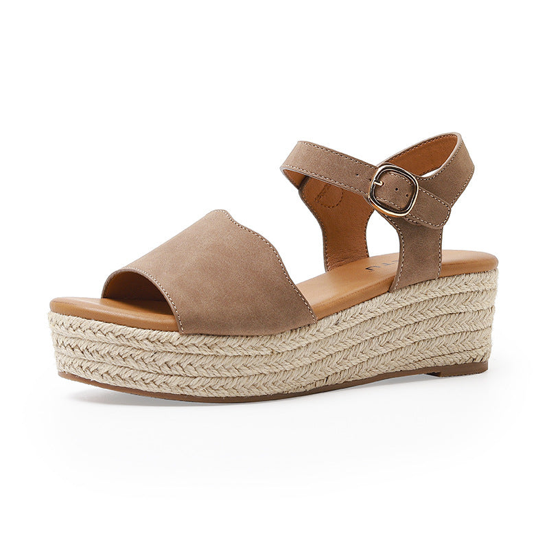 ALM3035-2 Fashion Straw Woven Platform Open Toe Non-Slip Wedge Commuter Sandals for Women