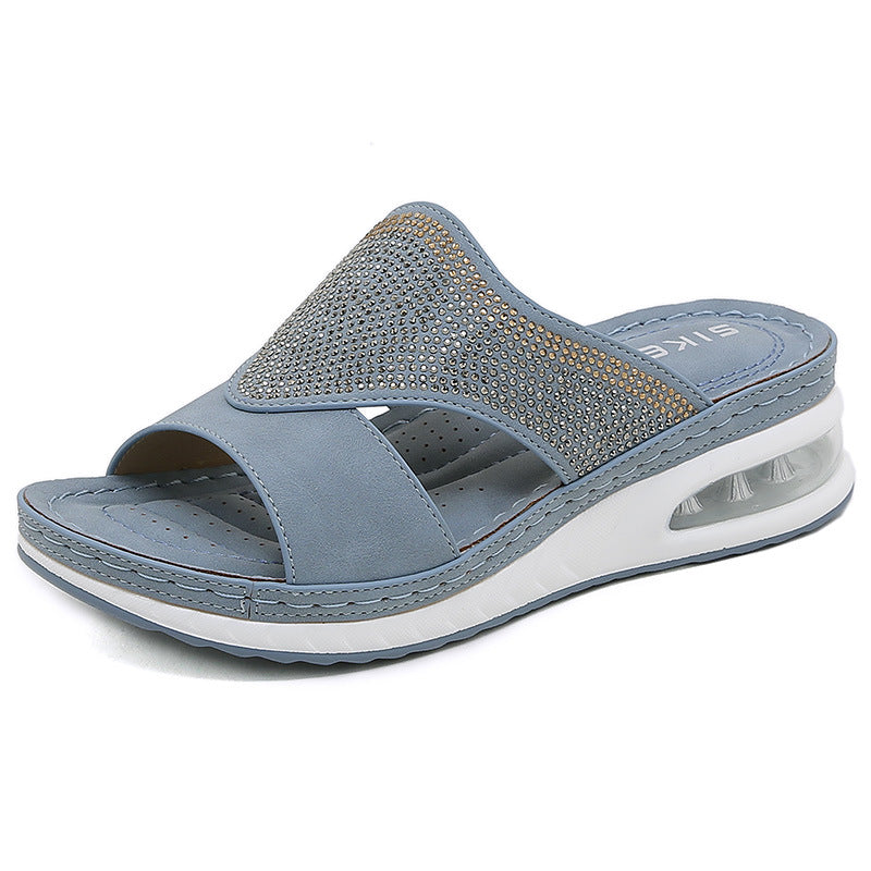 C321-3 Spring and Summer Casual Air Cushion Bottom Large Size Sewing Thread Wedge Comfortable Rhinestone Sandals