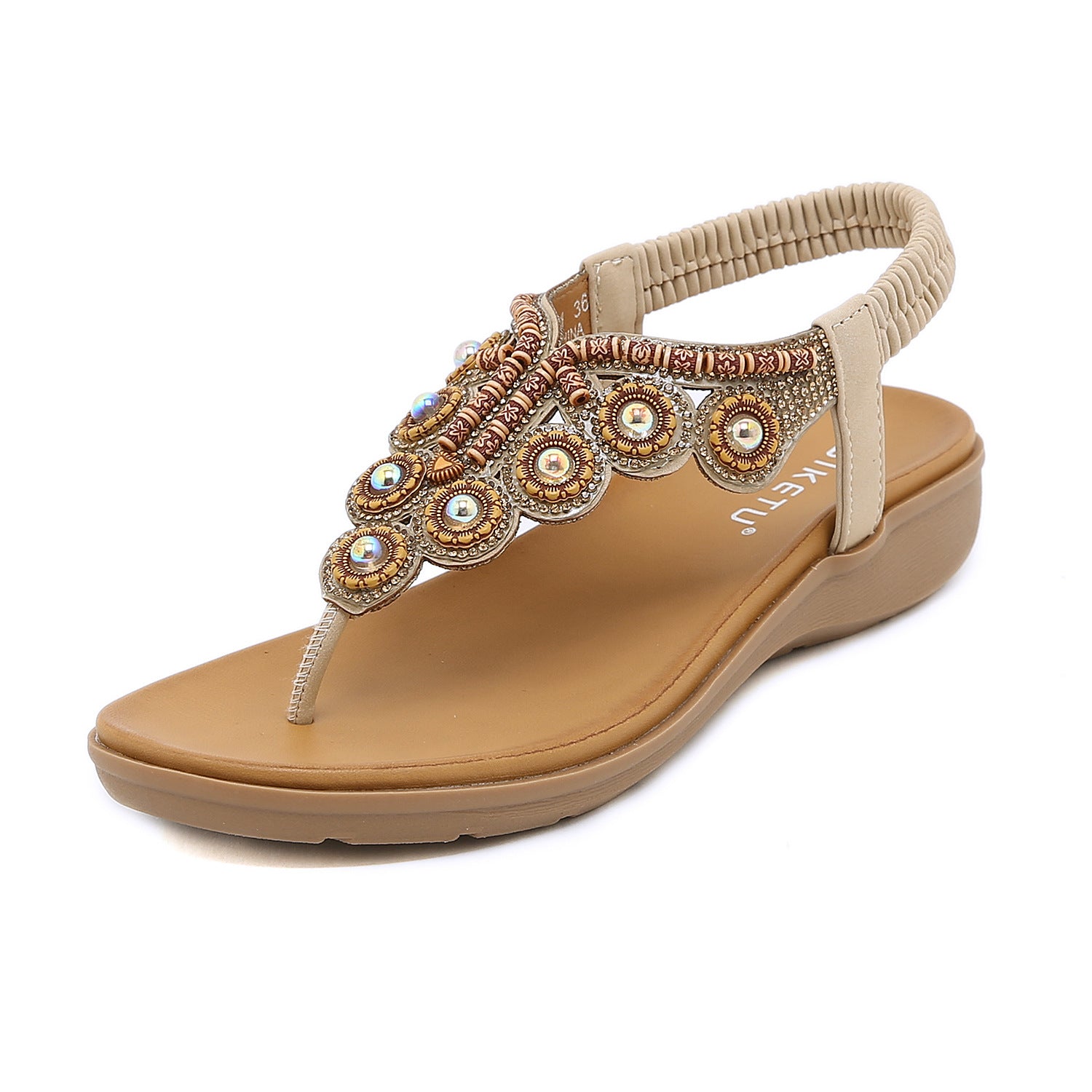 Bohemian Style Flip-Flops Beaded Rhinestone Ornament Stretch Heel Rubber Band Women's Shoes