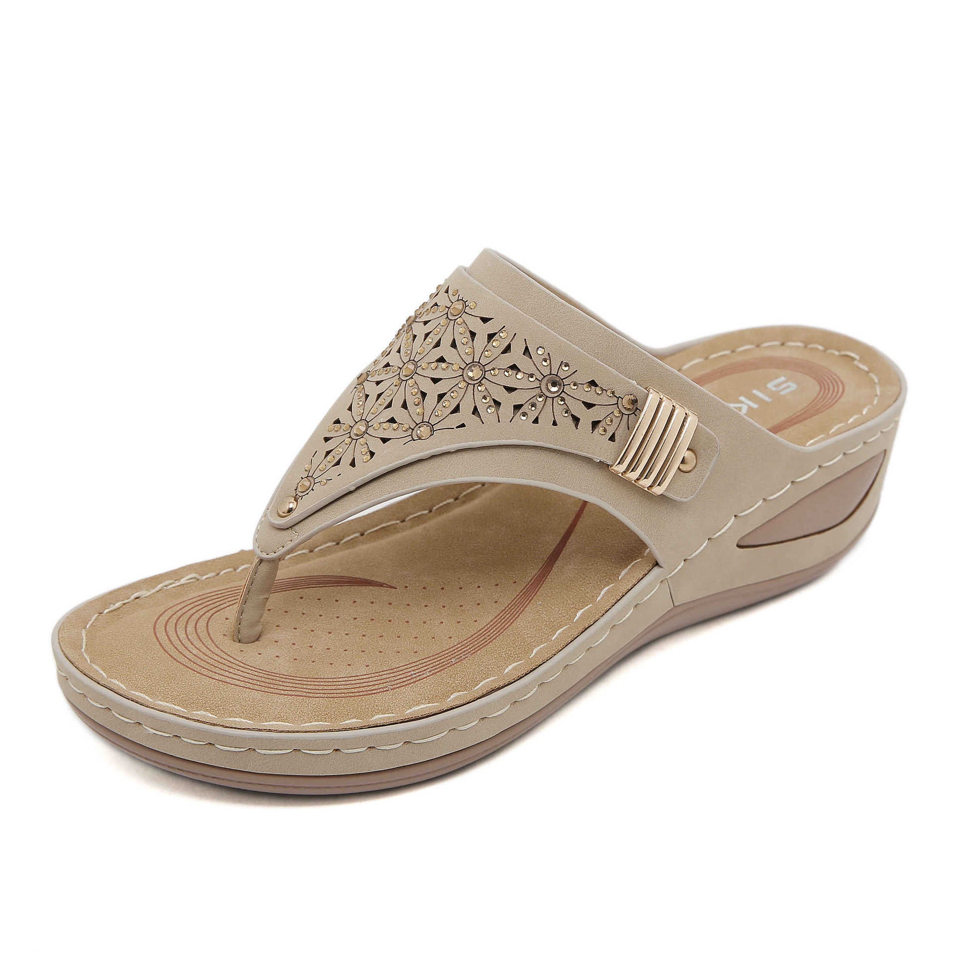 Non-Slip Bottom Women's Shoes Stitching Hollow Wedge Ethnic Large Size Slippers Women