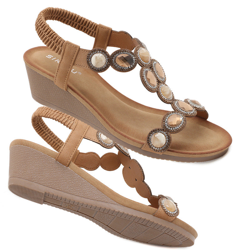 3217-2 Ethnic Style Bohemian Retro Rhinestone Wedge plus Size Sandals