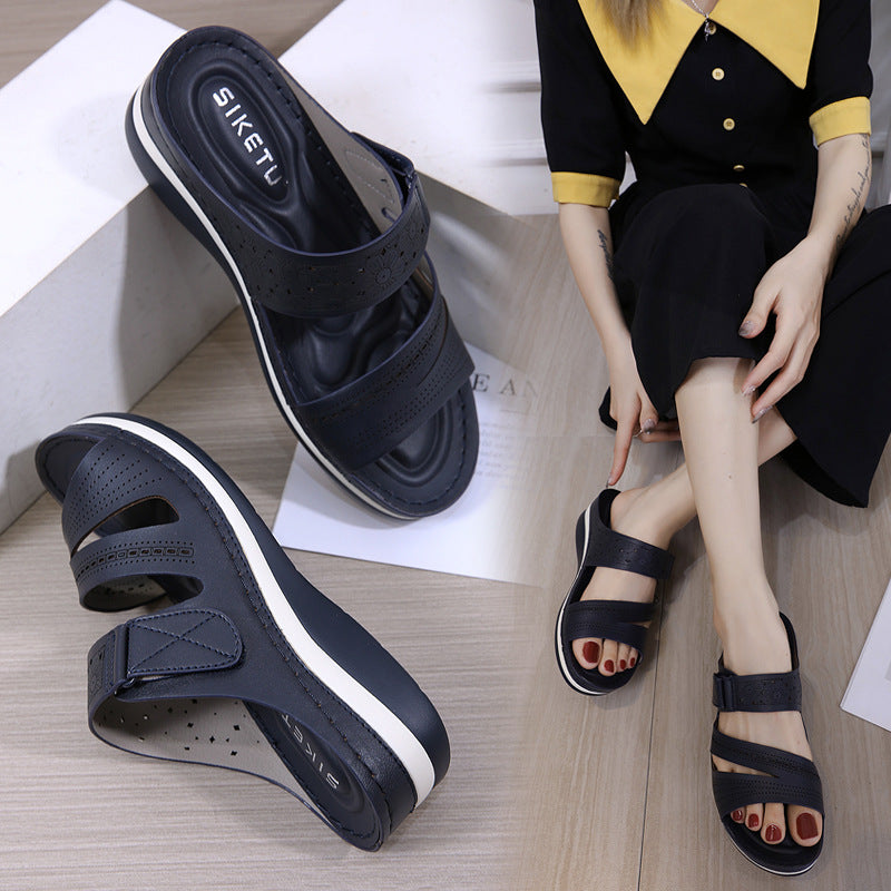 Sandals Women's Metal Buckle Stitching Sandals Chunky Heel plus Size Comfort Slippers