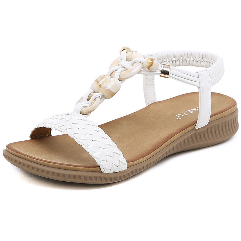 Z2927-1 Women's Retro Buckle Woven Fashionable Casual Beaded Beach Sandals