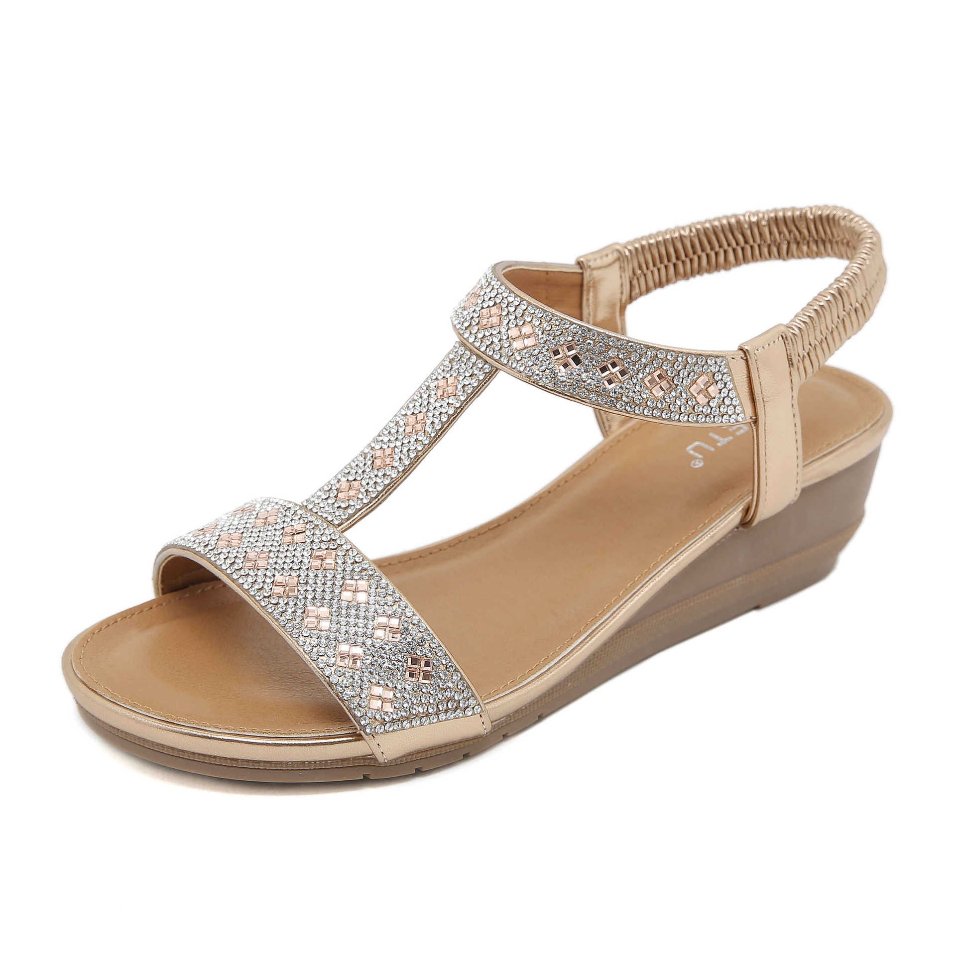 BY1729-1 Fashion Rhinestone Open Toe Non-Slip Wedge Commuter Sandals for Women