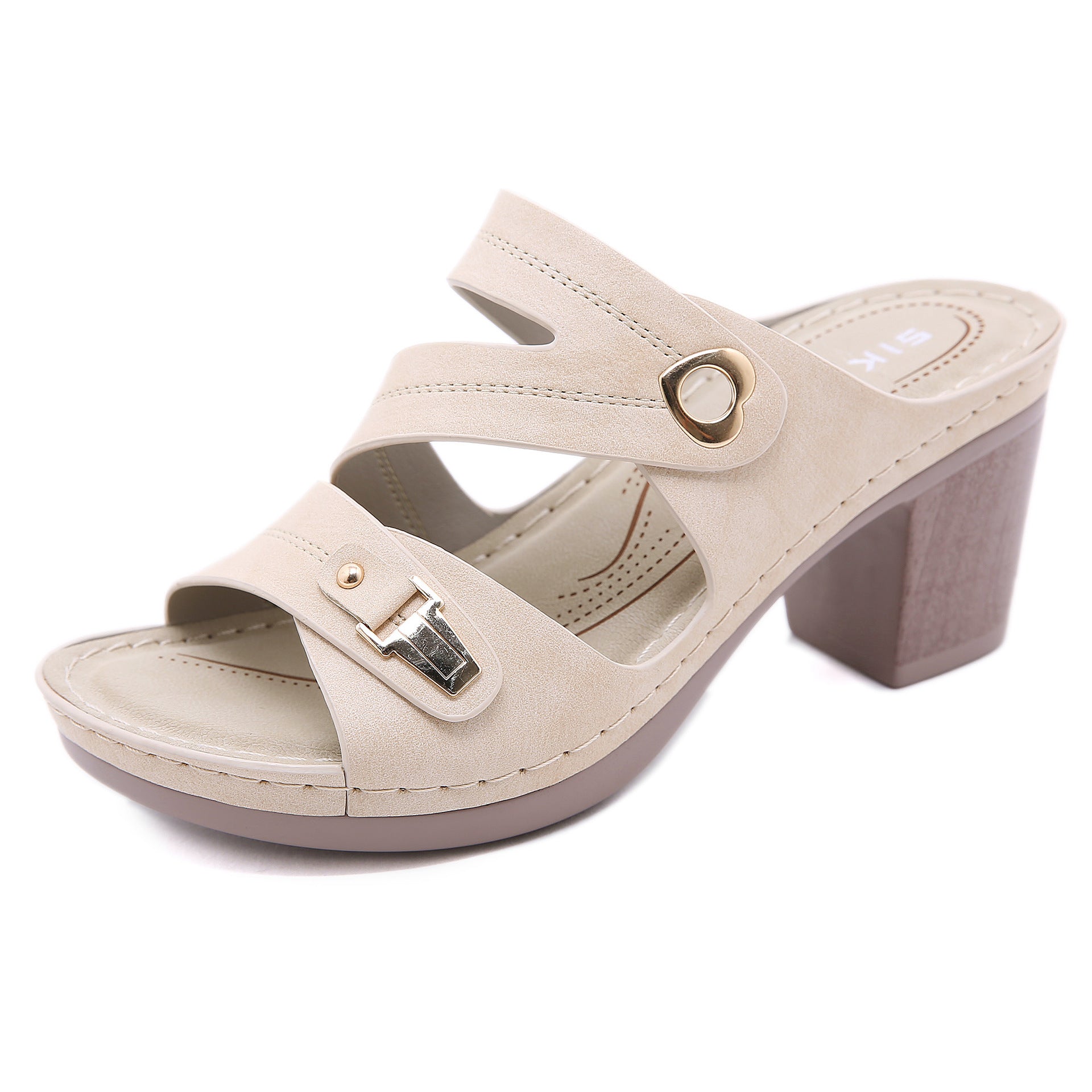 Sandals Women's Metal Buckle Stitching Sandals Chunky Heel plus Size Comfort Slippers