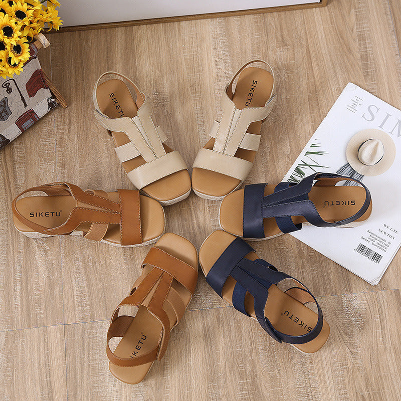 ALM695-4 Woven Sandals Women's Buckle Pure Color All-Matching Casual Large Size Sandals