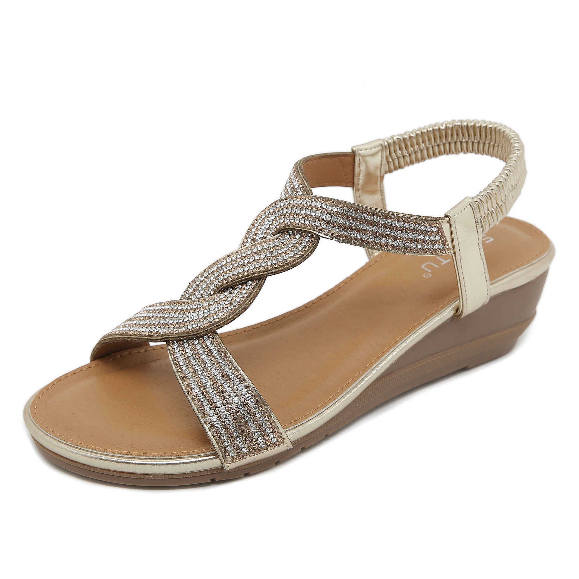 BY1729-2 Ethnic Style Bohemian Retro Rhinestone Wedge plus Size Sandals