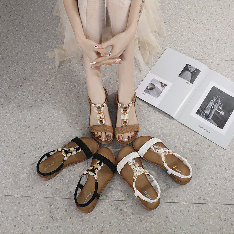 Z2927-1 Women's Retro Buckle Woven Fashionable Casual Beaded Beach Sandals