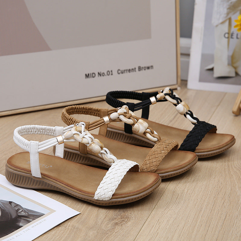 Z2927-1 Women's Retro Buckle Woven Fashionable Casual Beaded Beach Sandals