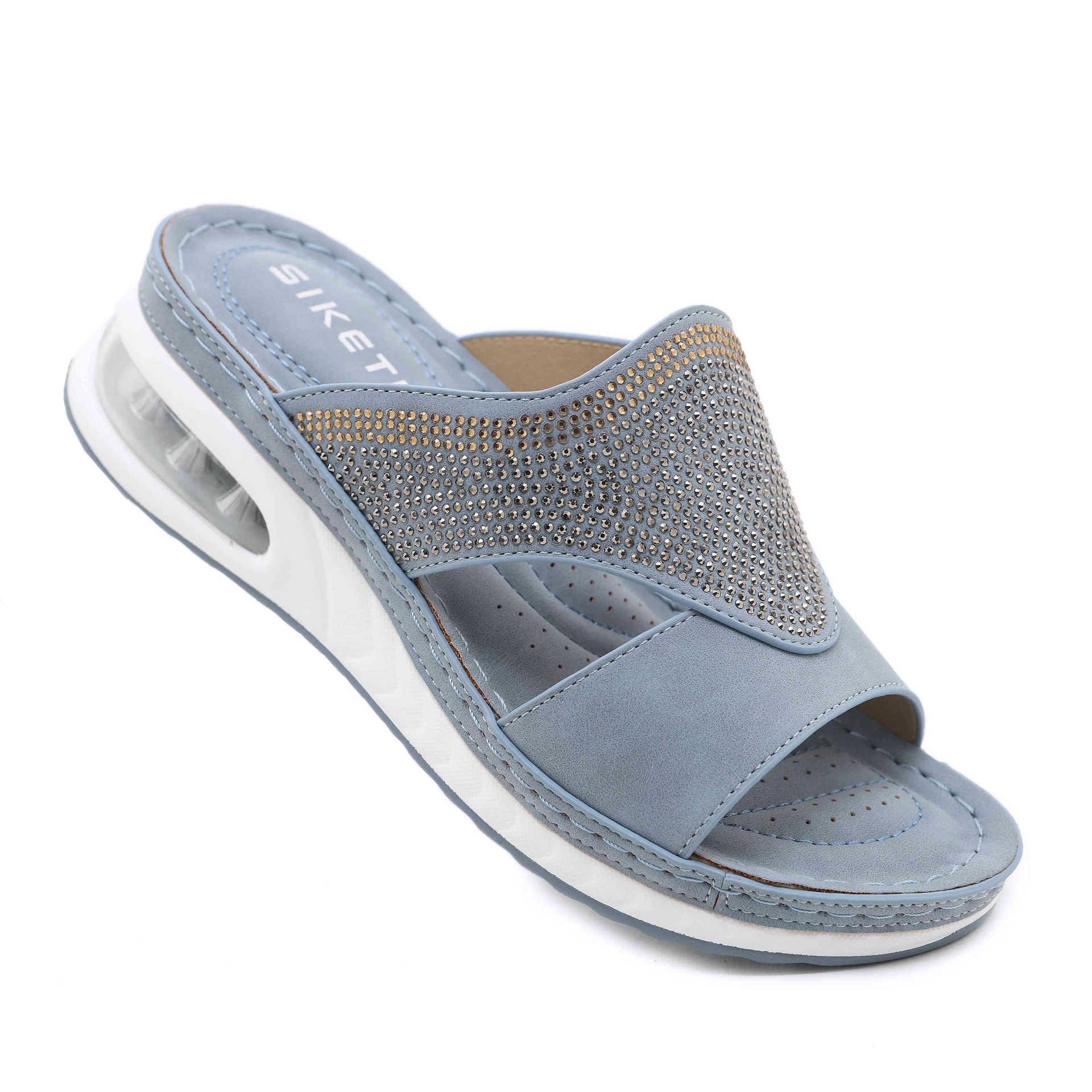 C321-3 Spring and Summer Casual Air Cushion Bottom Large Size Sewing Thread Wedge Comfortable Rhinestone Sandals