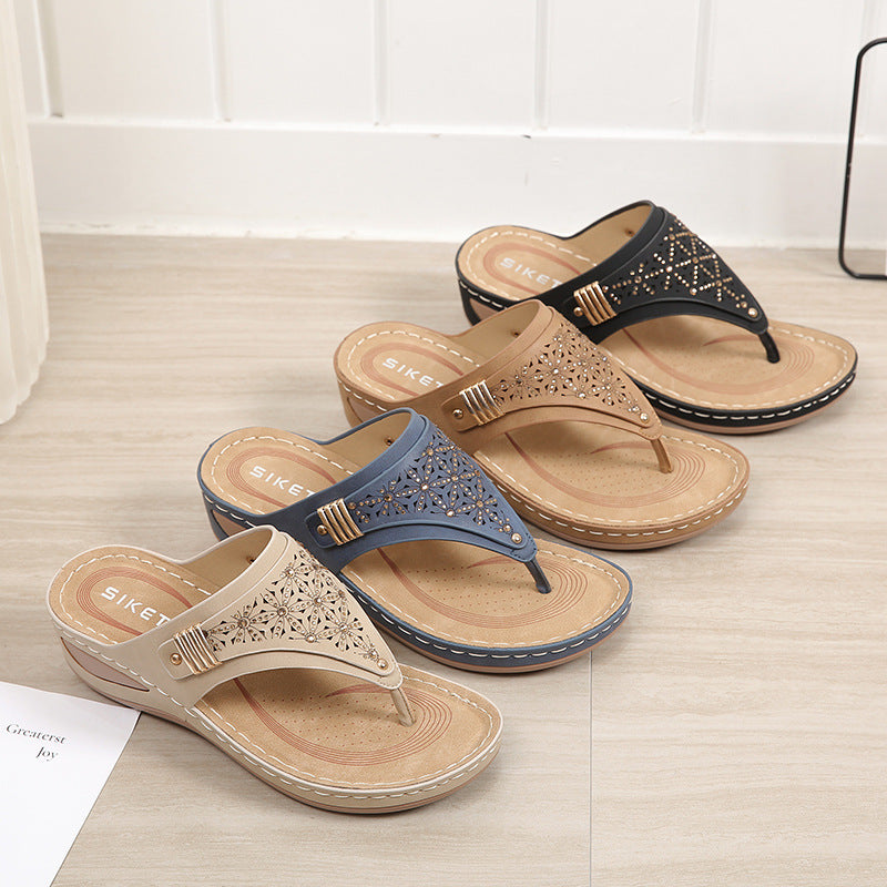 Non-Slip Bottom Women's Shoes Stitching Hollow Wedge Ethnic Large Size Slippers Women