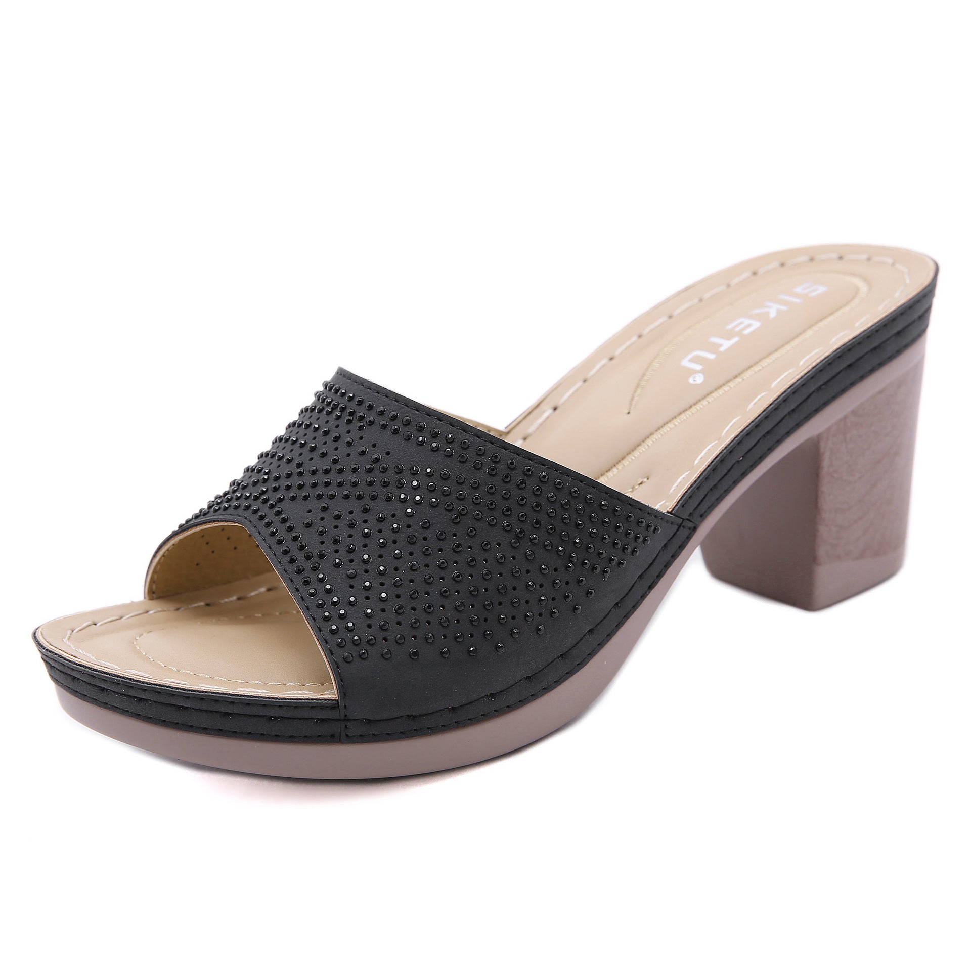 Women's Sandals Rhinestone Stitching Sandals Chunky Heel plus Size Comfort Slippers