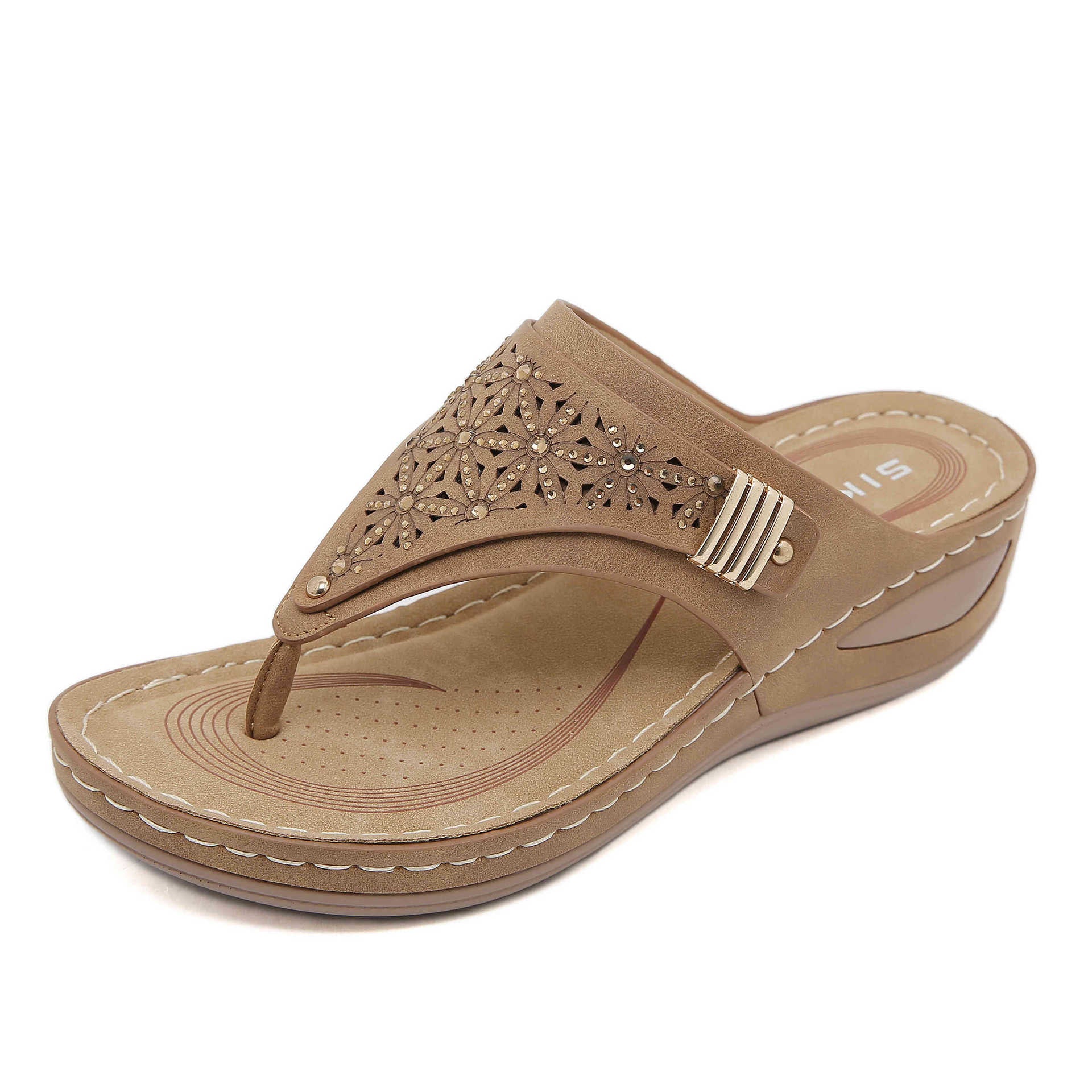 Non-Slip Bottom Women's Shoes Stitching Hollow Wedge Ethnic Large Size Slippers Women