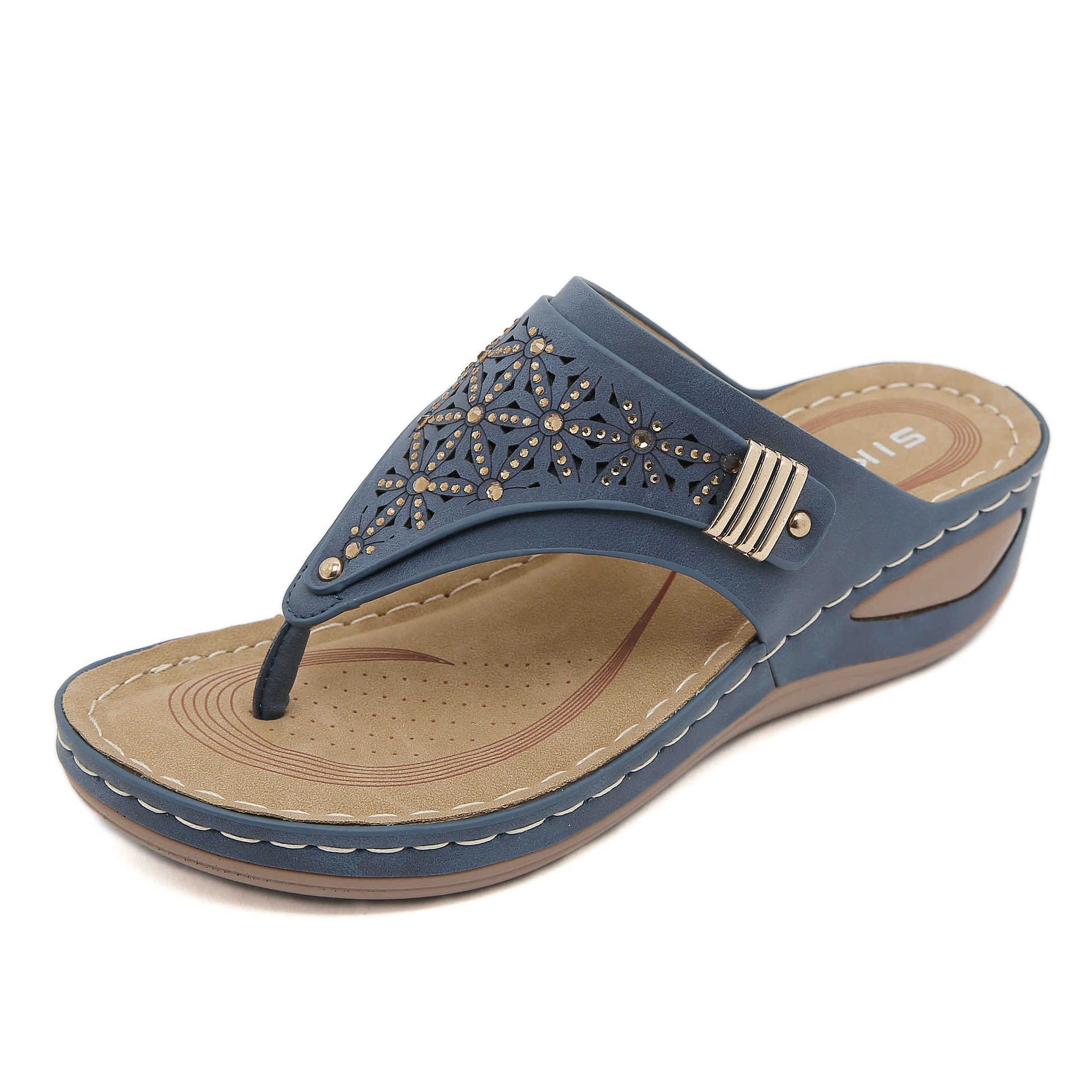 Non-Slip Bottom Women's Shoes Stitching Hollow Wedge Ethnic Large Size Slippers Women