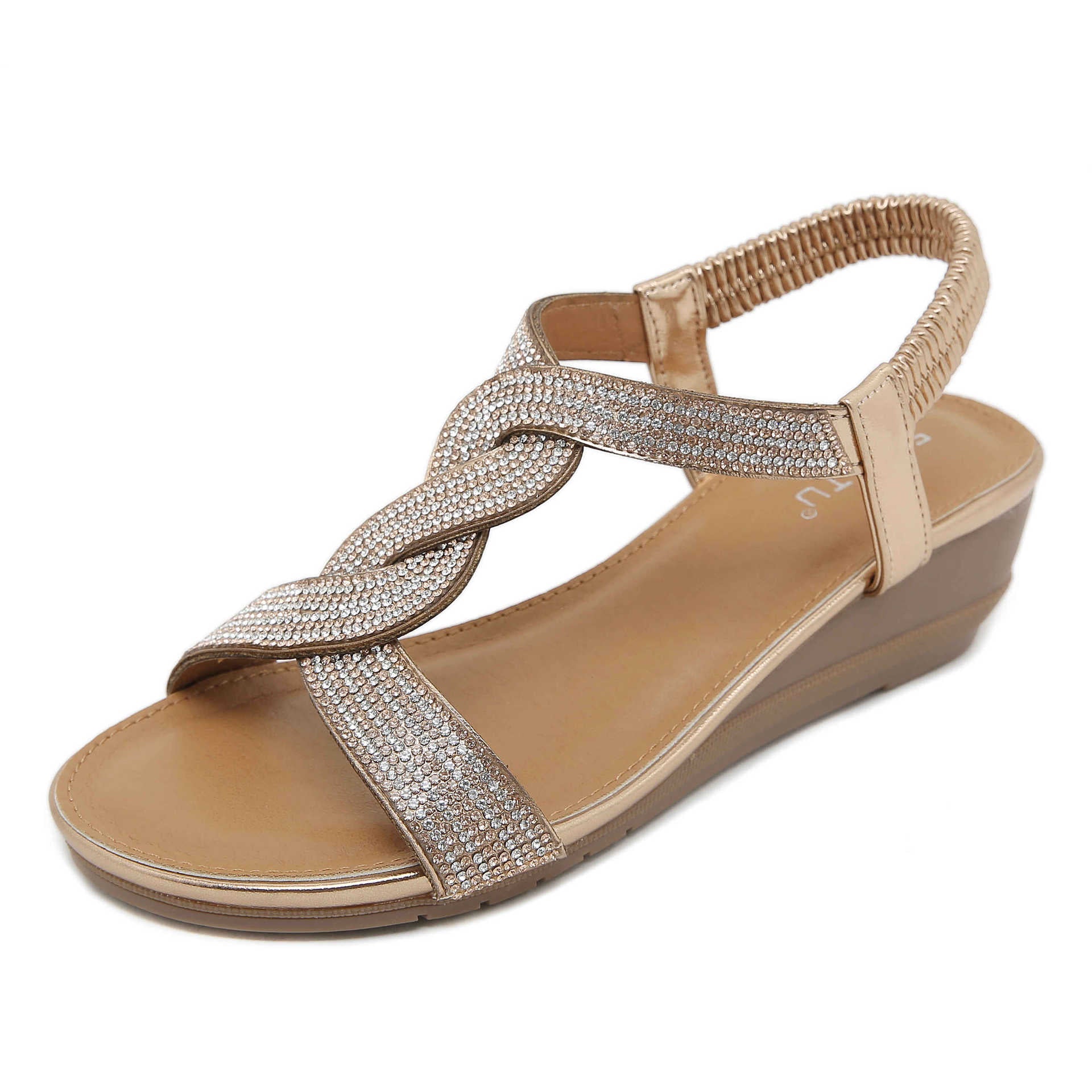 BY1729-2 Ethnic Style Bohemian Retro Rhinestone Wedge plus Size Sandals