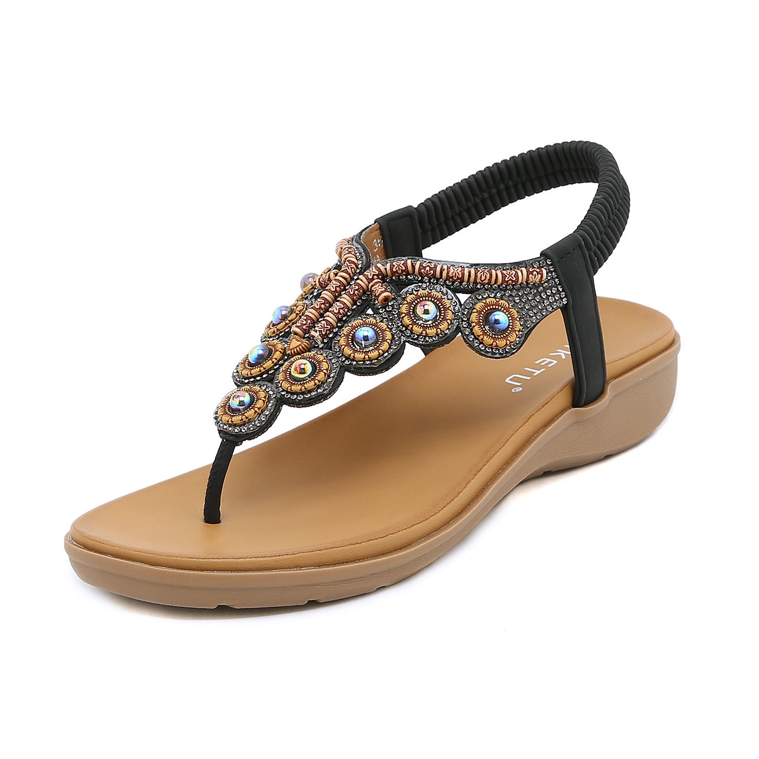 Bohemian Style Flip-Flops Beaded Rhinestone Ornament Stretch Heel Rubber Band Women's Shoes