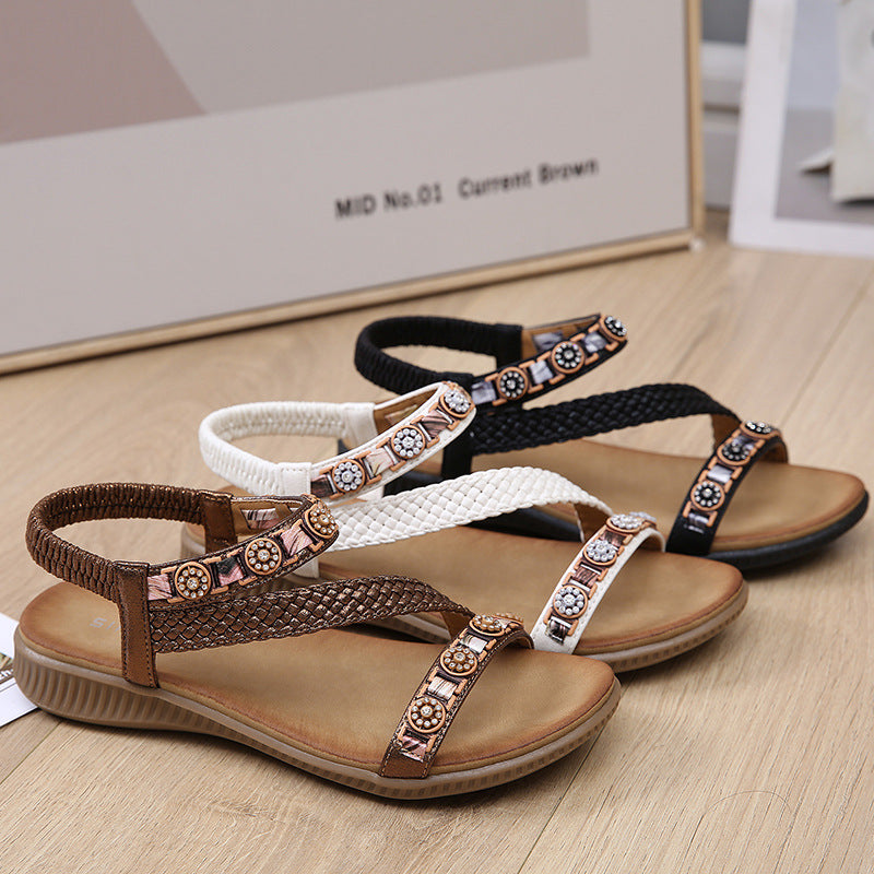 Z2927-2 Sandals Women's Woven Metal Buckle Casual Non-Slip Fashion Rhinestone Sandals