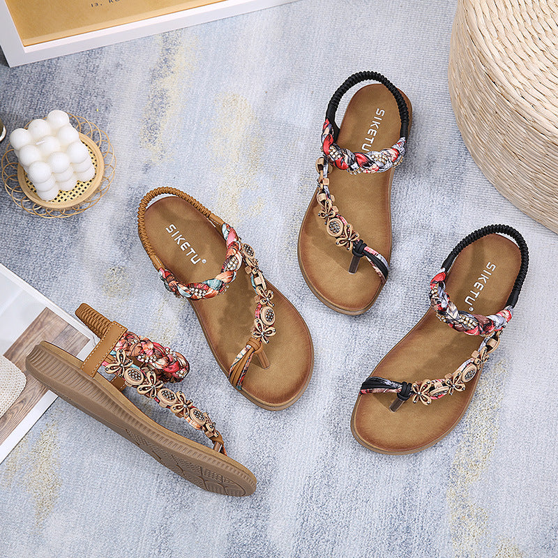 1722-1 Comfortable Bohemian Hand-Woven Ribbon Rhinestone Sandals for Women