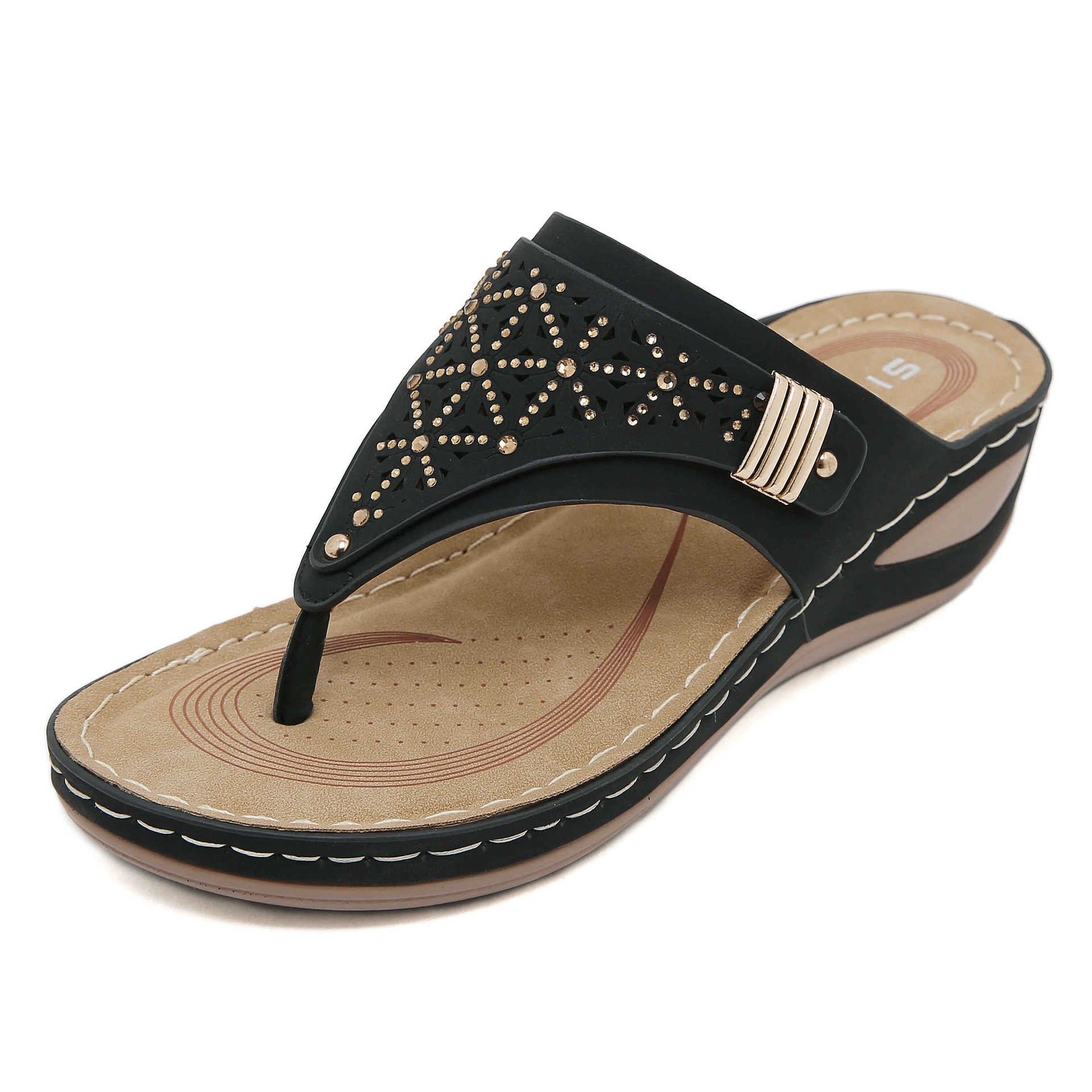 Non-Slip Bottom Women's Shoes Stitching Hollow Wedge Ethnic Large Size Slippers Women