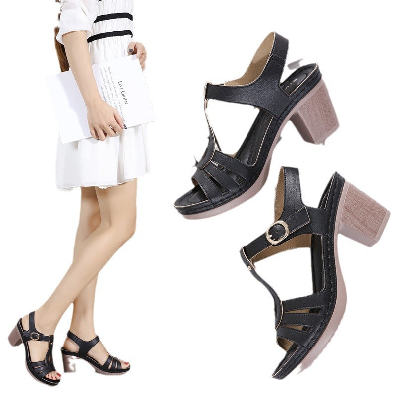 Women's Sandals with Metal Buckle Stitching Sandals Chunky Heel Comfortable plus Size Sandals