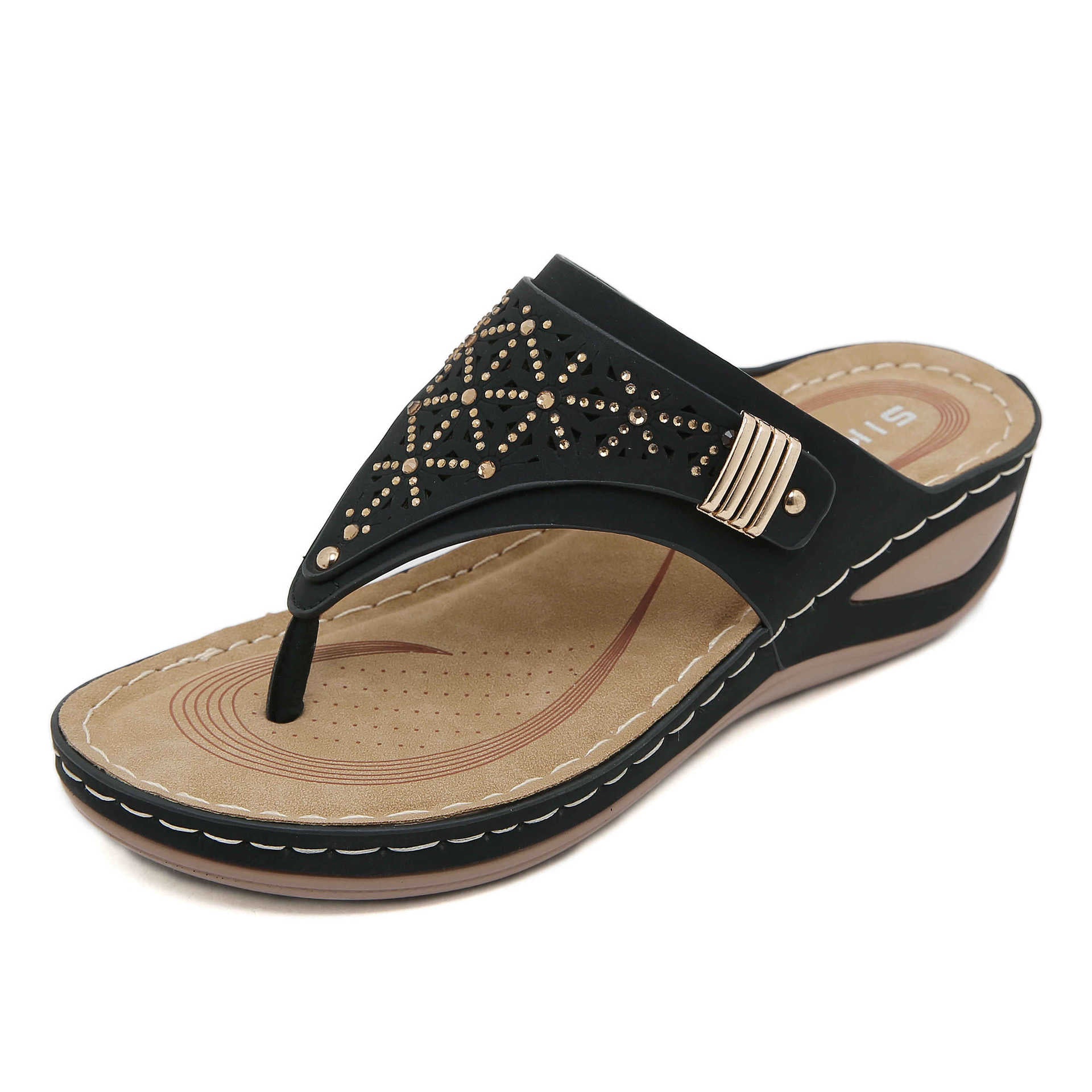 Non-Slip Bottom Women's Shoes Stitching Hollow Wedge Ethnic Large Size Slippers Women