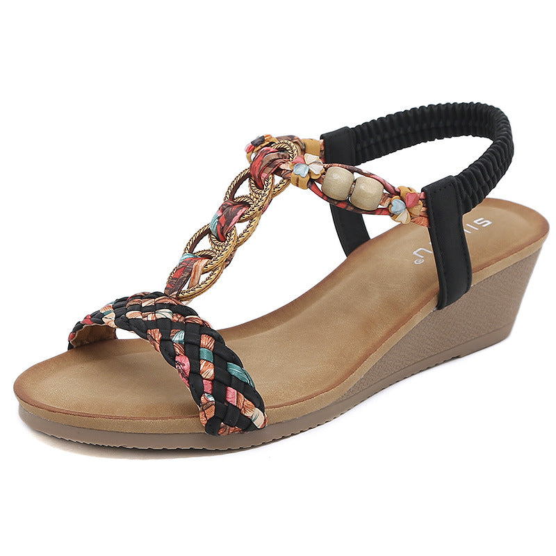 3217-1 Ethnic Style Women's Bohemian Retro Flower Wedge Large Size Sandals