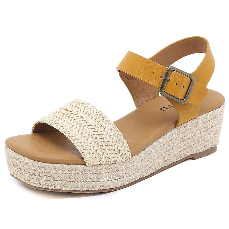 ALM695-3 Woven Wedge Sandals Women's Buckle Solid Color Casual Large Size Shoes