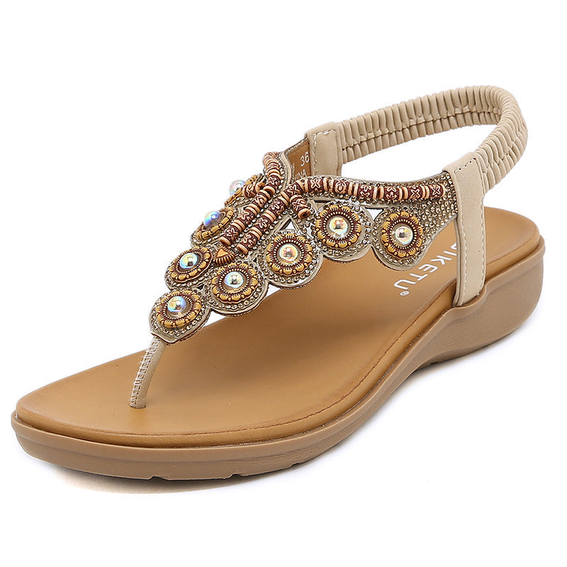 Bohemian Style Flip-Flops Beaded Rhinestone Ornament Stretch Heel Rubber Band Women's Shoes