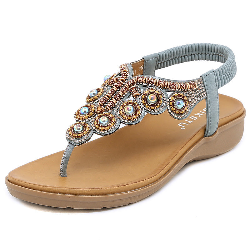 Bohemian Style Flip-Flops Beaded Rhinestone Ornament Stretch Heel Rubber Band Women's Shoes