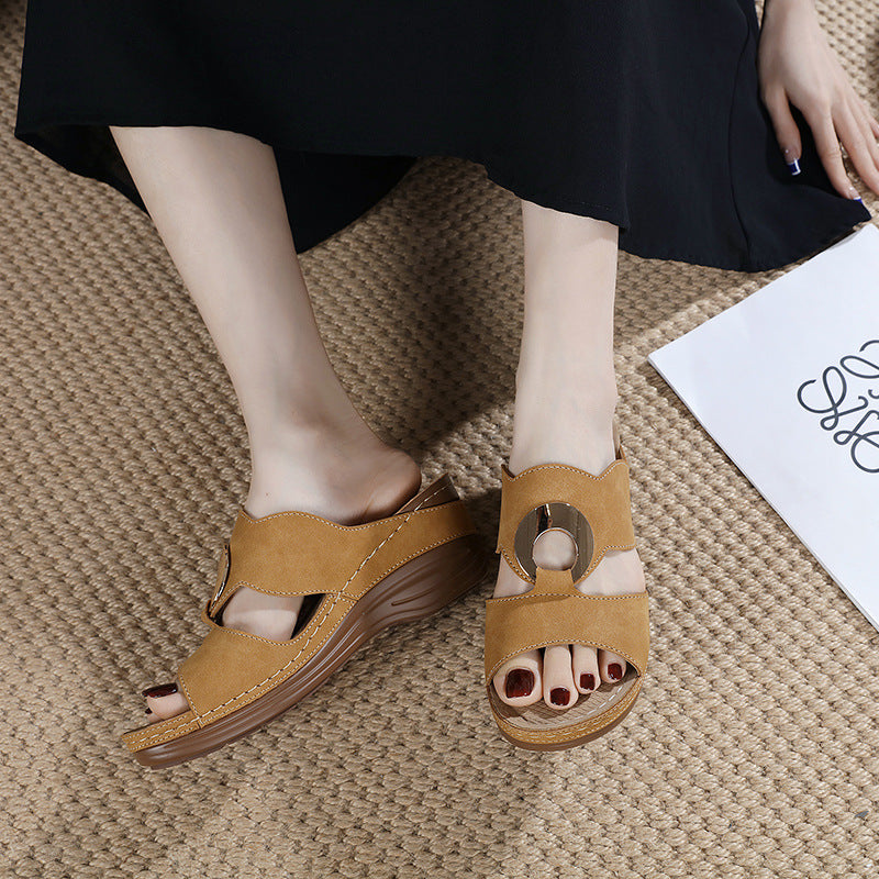 619-2 Women's Shoes Stitching Casual Wedge Metal Large Size Slippers Women