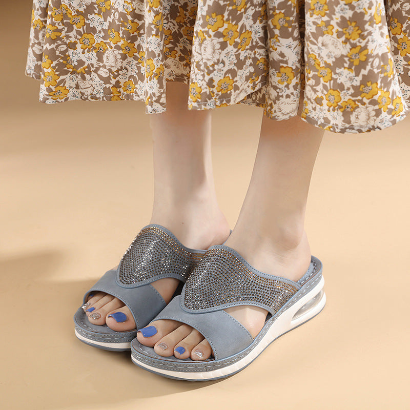 C321-3 Spring and Summer Casual Air Cushion Bottom Large Size Sewing Thread Wedge Comfortable Rhinestone Sandals