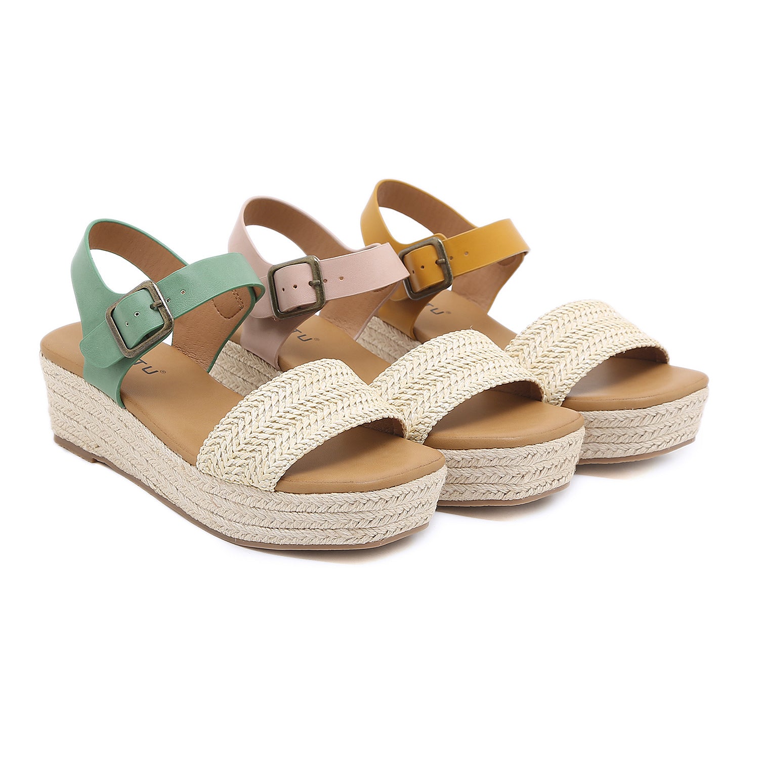 ALM695-3 Woven Wedge Sandals Women's Buckle Solid Color Casual Large Size Shoes