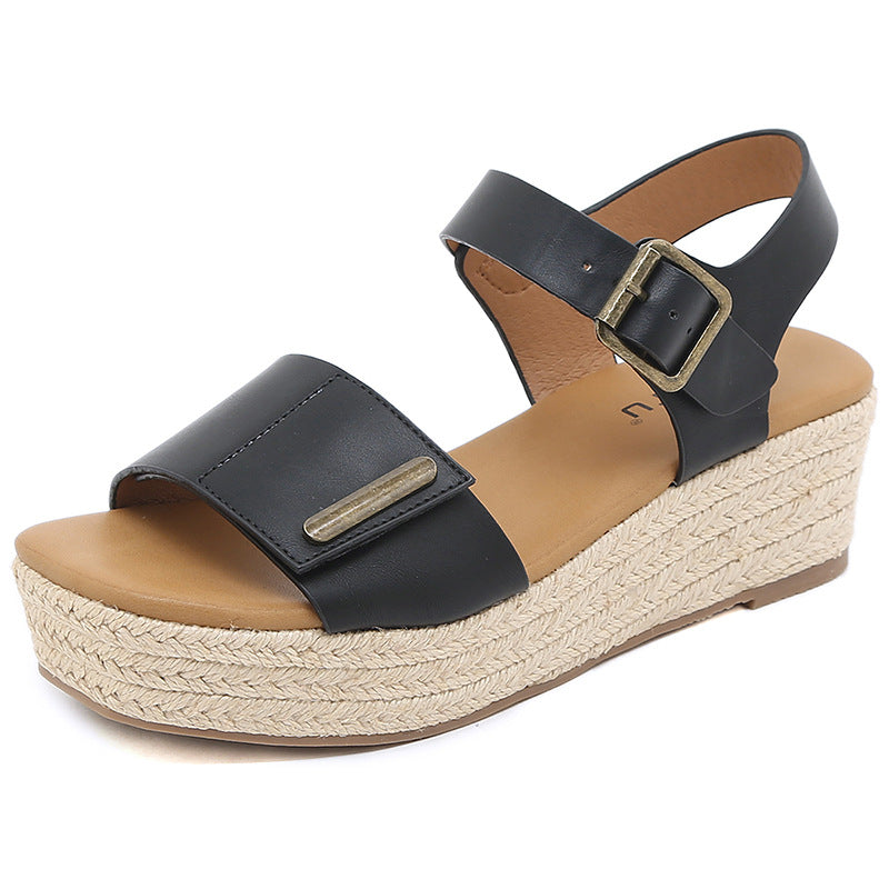 Women's Retro Peep Toe Comfortable Straw Muffin Wedge Large Size Sandals
