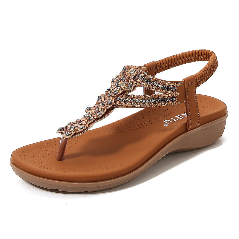 Vintage Rhinestone Beaded Soft and Comfortable Holiday Seaside Beach Wedge Sandals for Women