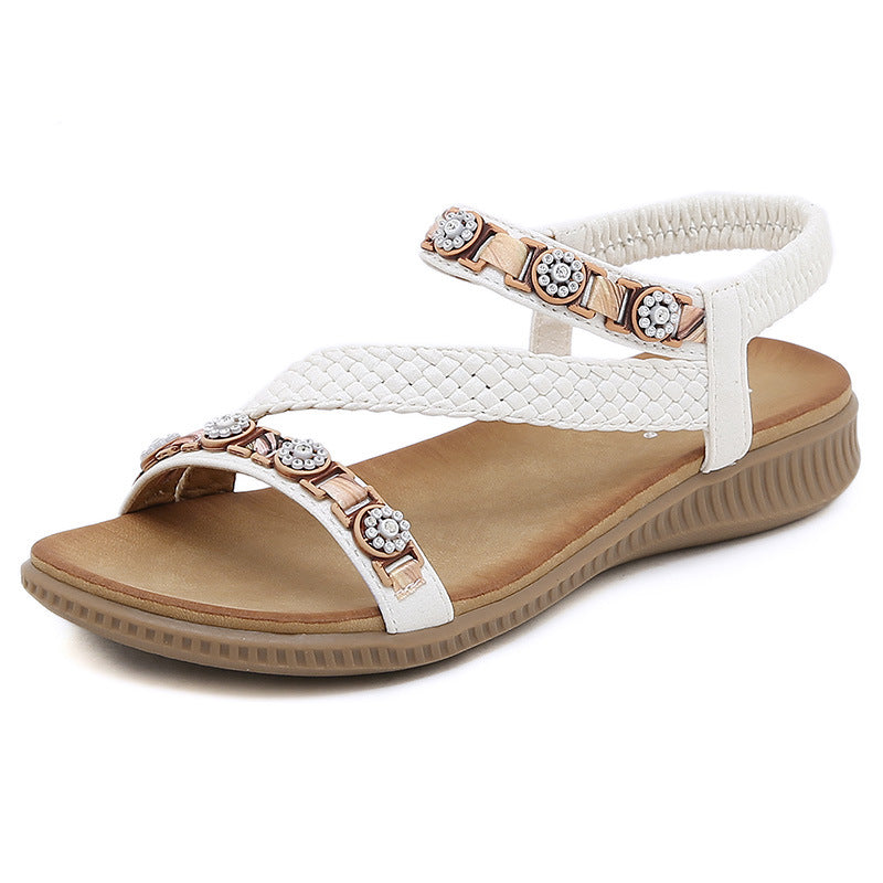 Z2927-2 Sandals Women's Woven Metal Buckle Casual Non-Slip Fashion Rhinestone Sandals