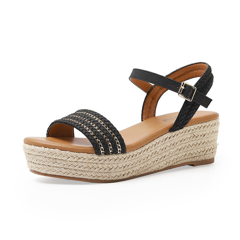 ALM3035-1 Hemp Rope Straw Buckle with Chain Decoration Muffin Sandals