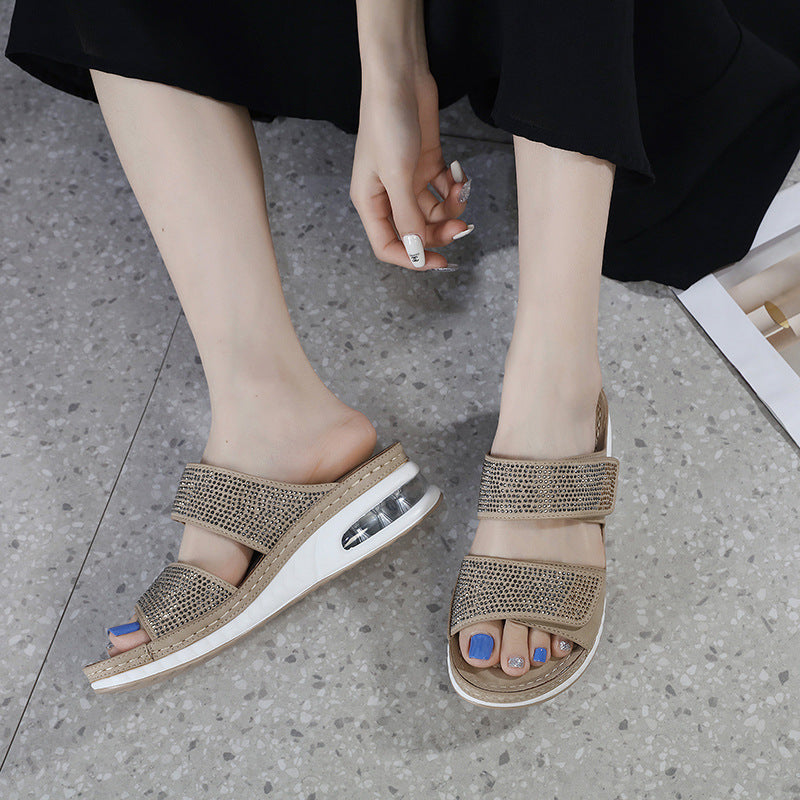 C321-1 Casual Air Cushion Bottom Large Size Sewing Thread Wedge Comfortable Rhinestone Sandals
