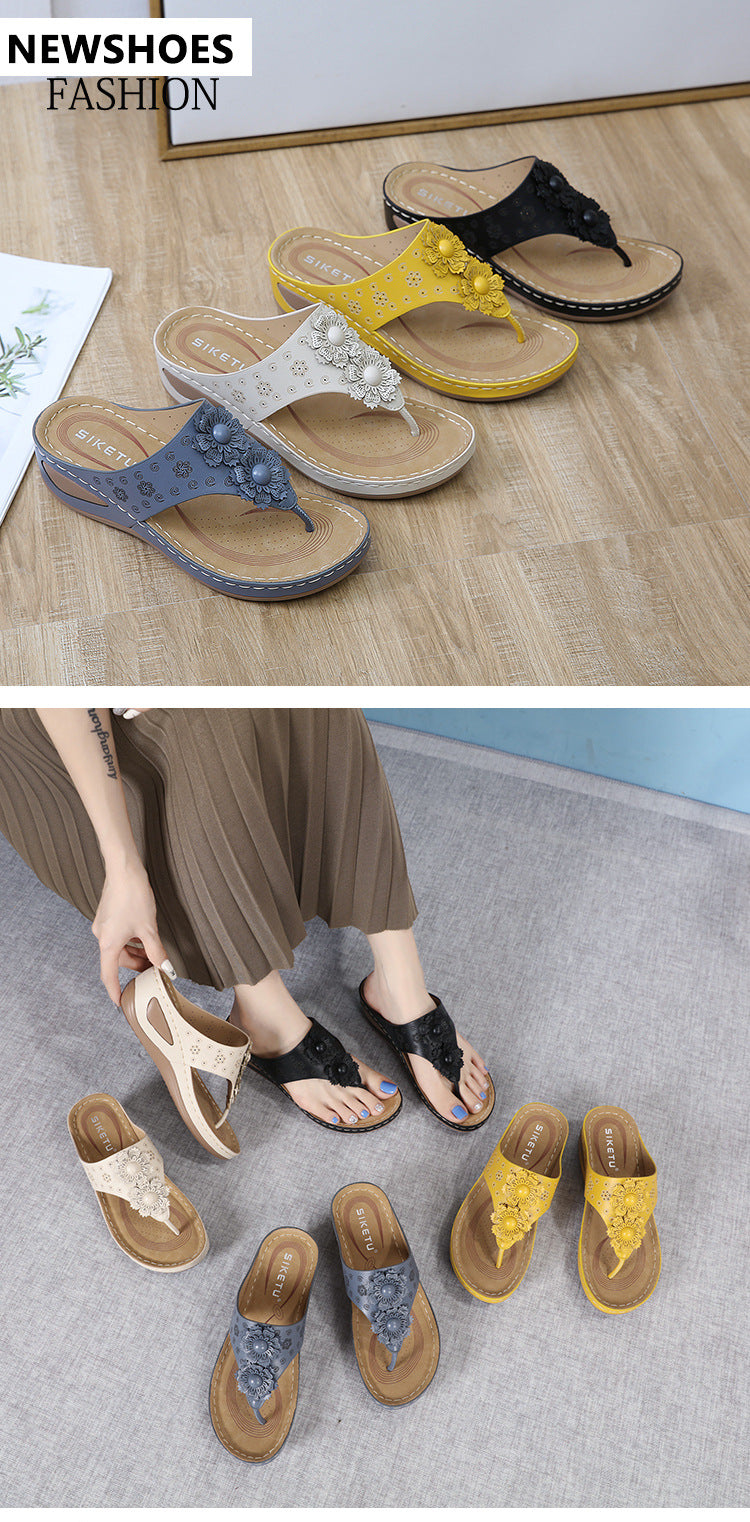Non-Slip Bottom Women's Shoes Stitching Wedge Ethnic Flower plus Size Slippers Women