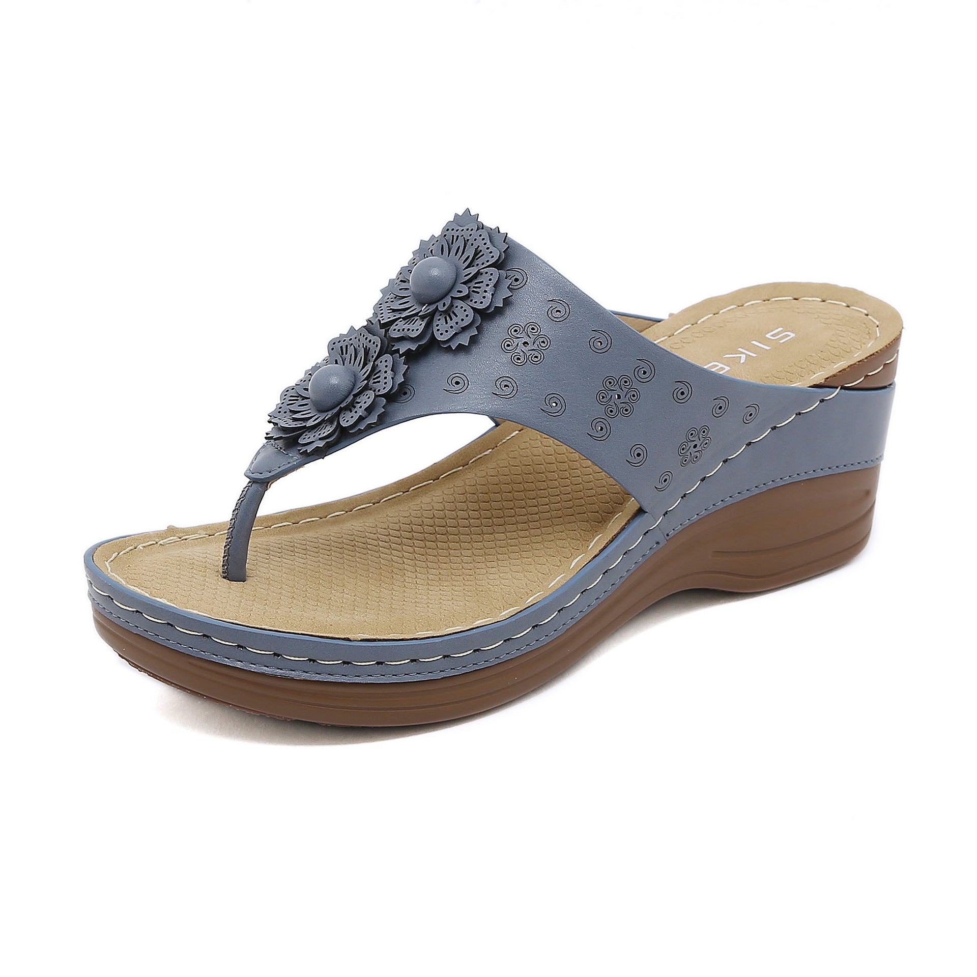 Non-Slip Bottom Women's Shoes Stitching Wedge Ethnic Flower Large Size Slippers Women