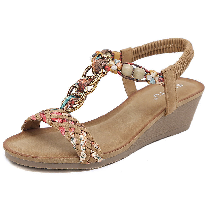 3217-1 Ethnic Style Women's Bohemian Retro Flower Wedge Large Size Sandals