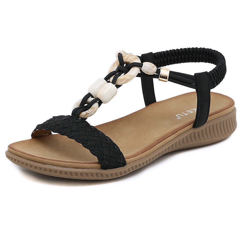 Z2927-1 Women's Retro Buckle Woven Fashionable Casual Beaded Beach Sandals