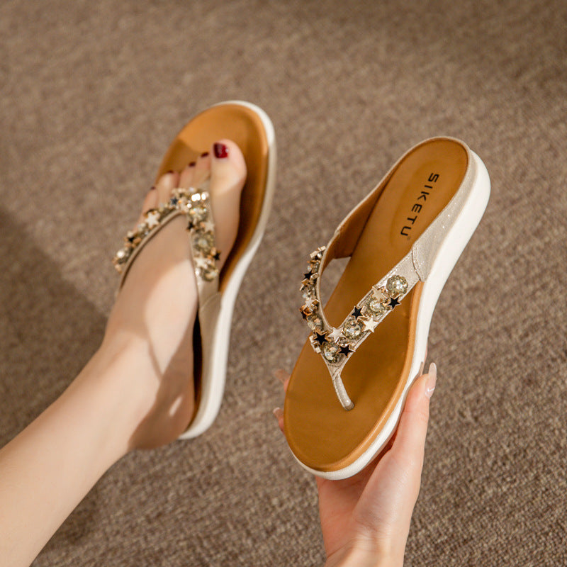 Women's Beaded Rhinestone Bohemian Beach Flip-Flops