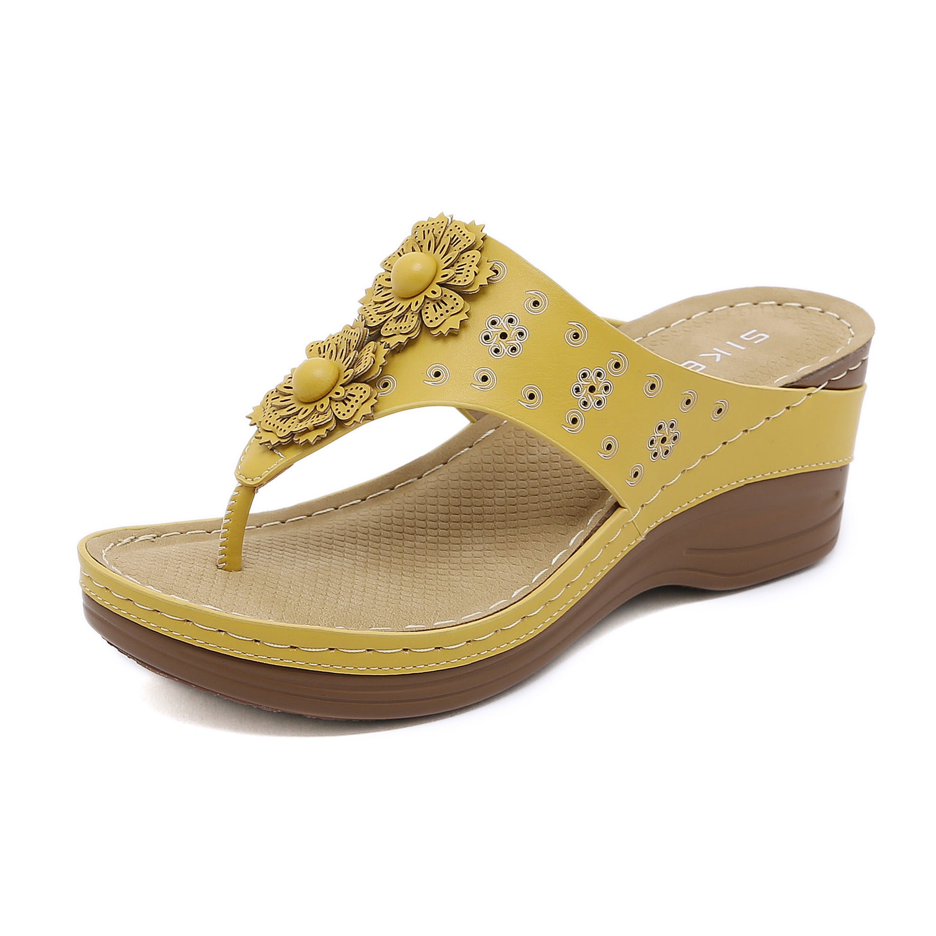 Non-Slip Bottom Women's Shoes Stitching Wedge Ethnic Flower Large Size Slippers Women