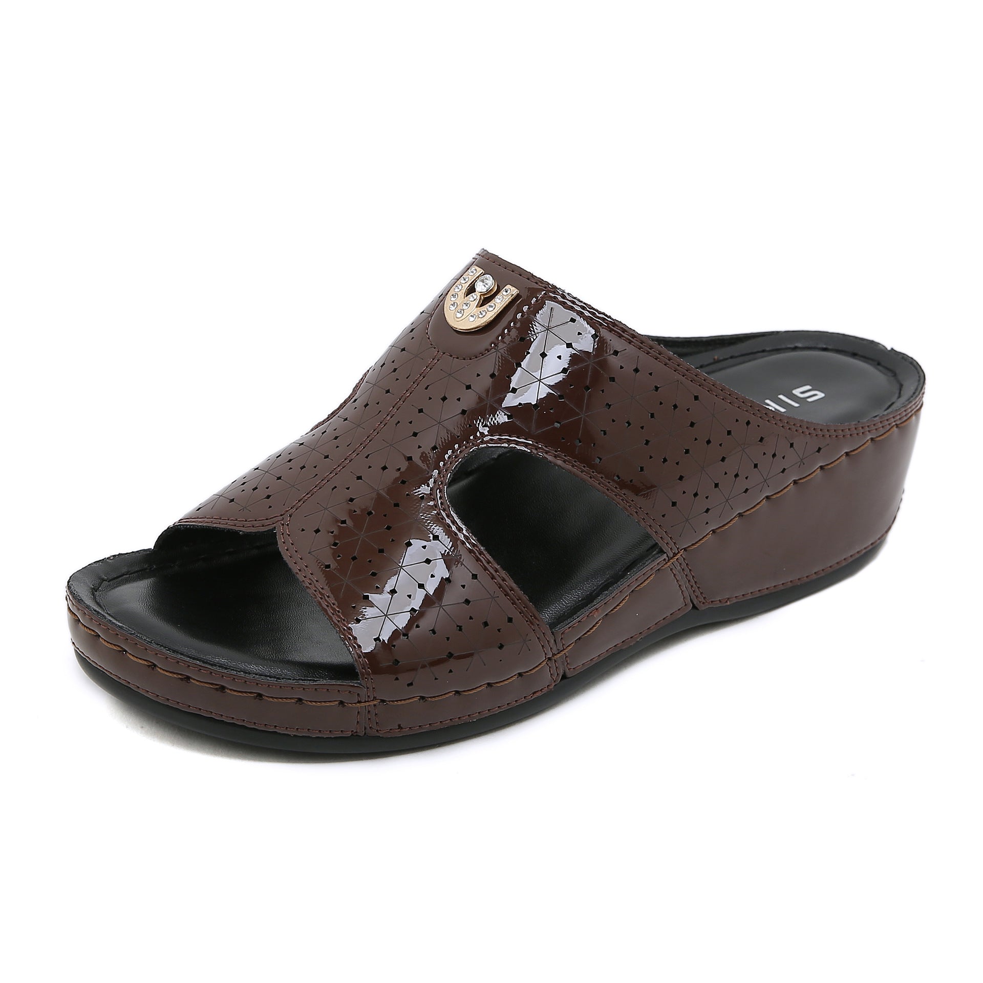 Non-Slip Bottom Women's Shoes Stitching Wedge Ethnic Flower Large Size Slippers Women