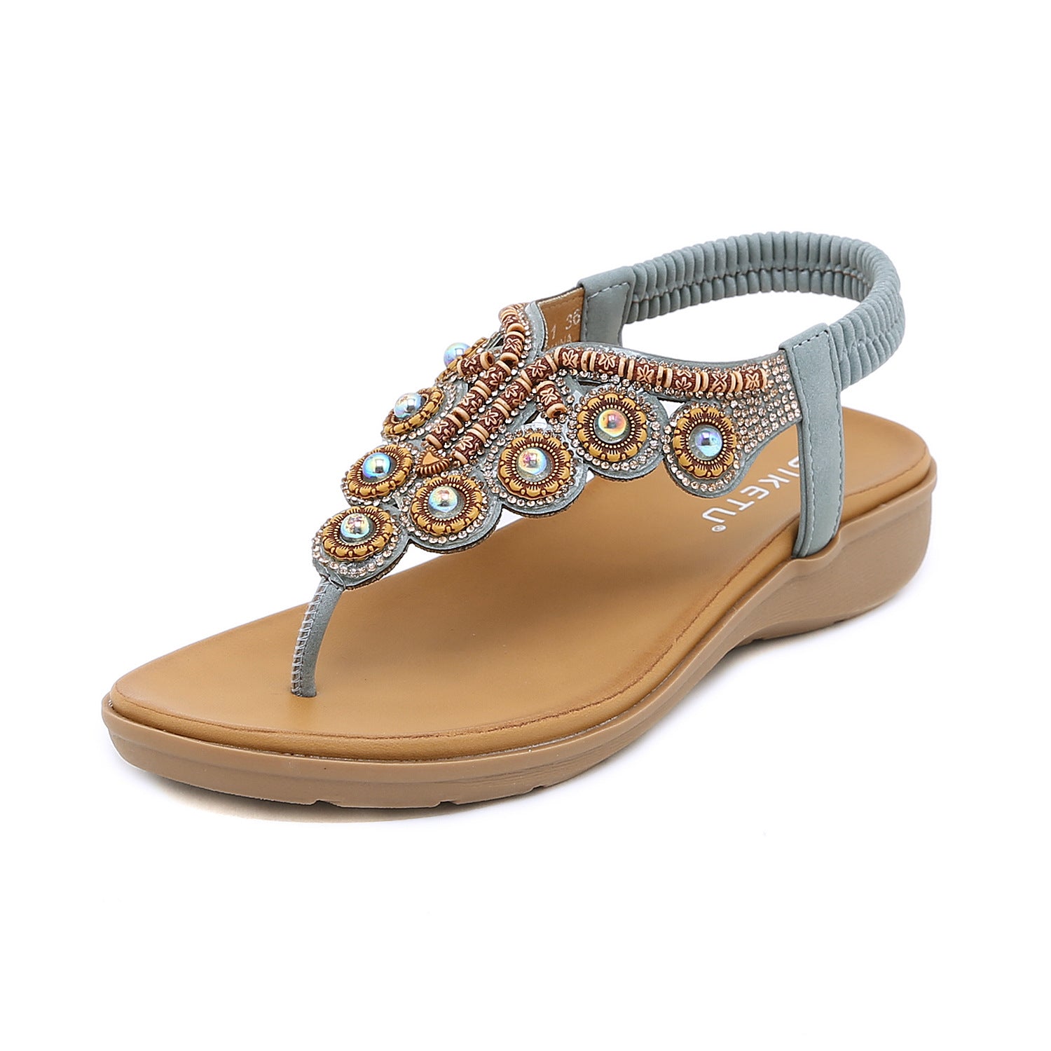 Bohemian Style Flip-Flops Beaded Rhinestone Ornament Stretch Heel Rubber Band Women's Shoes