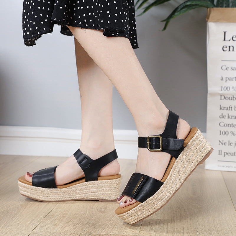 Women's Retro Peep Toe Comfortable Straw Muffin Wedge Large Size Sandals