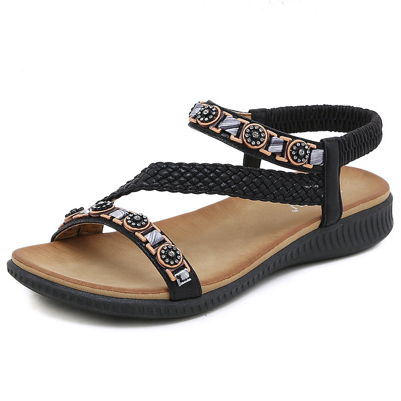 Z2927-2 Sandals Women's Woven Metal Buckle Casual Non-Slip Fashion Rhinestone Sandals